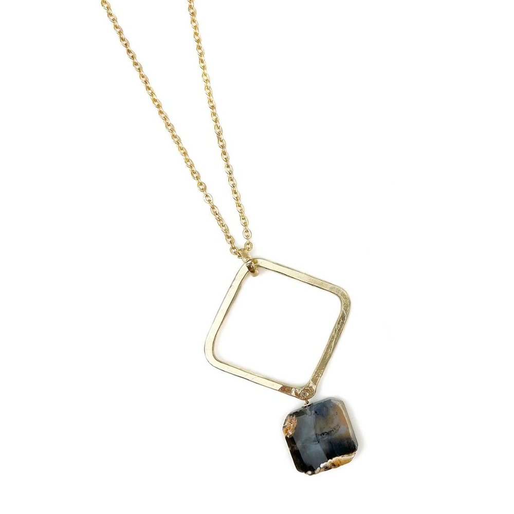 Gold Plated Geometric Necklace – Dendrite Opal